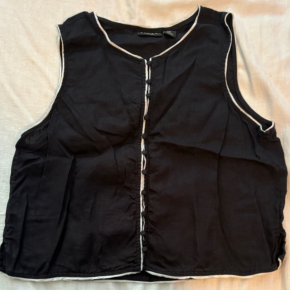 Tahari Black Sleeveless Button-Front Camisole with White Trim size XL linen